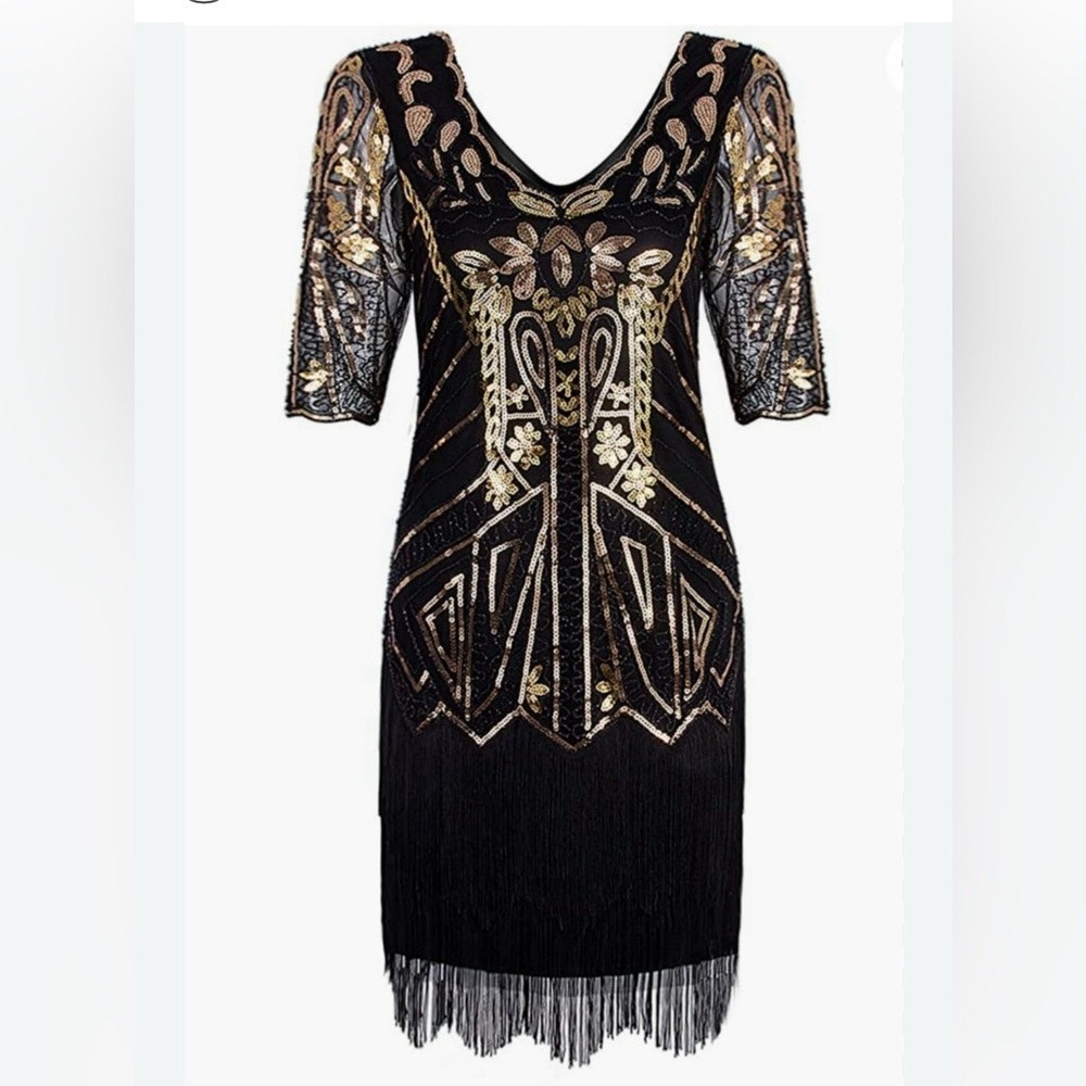 Sequenced Dress Midi Black Gold  Sm Flapper Masquerade Cocktail Party Christmas